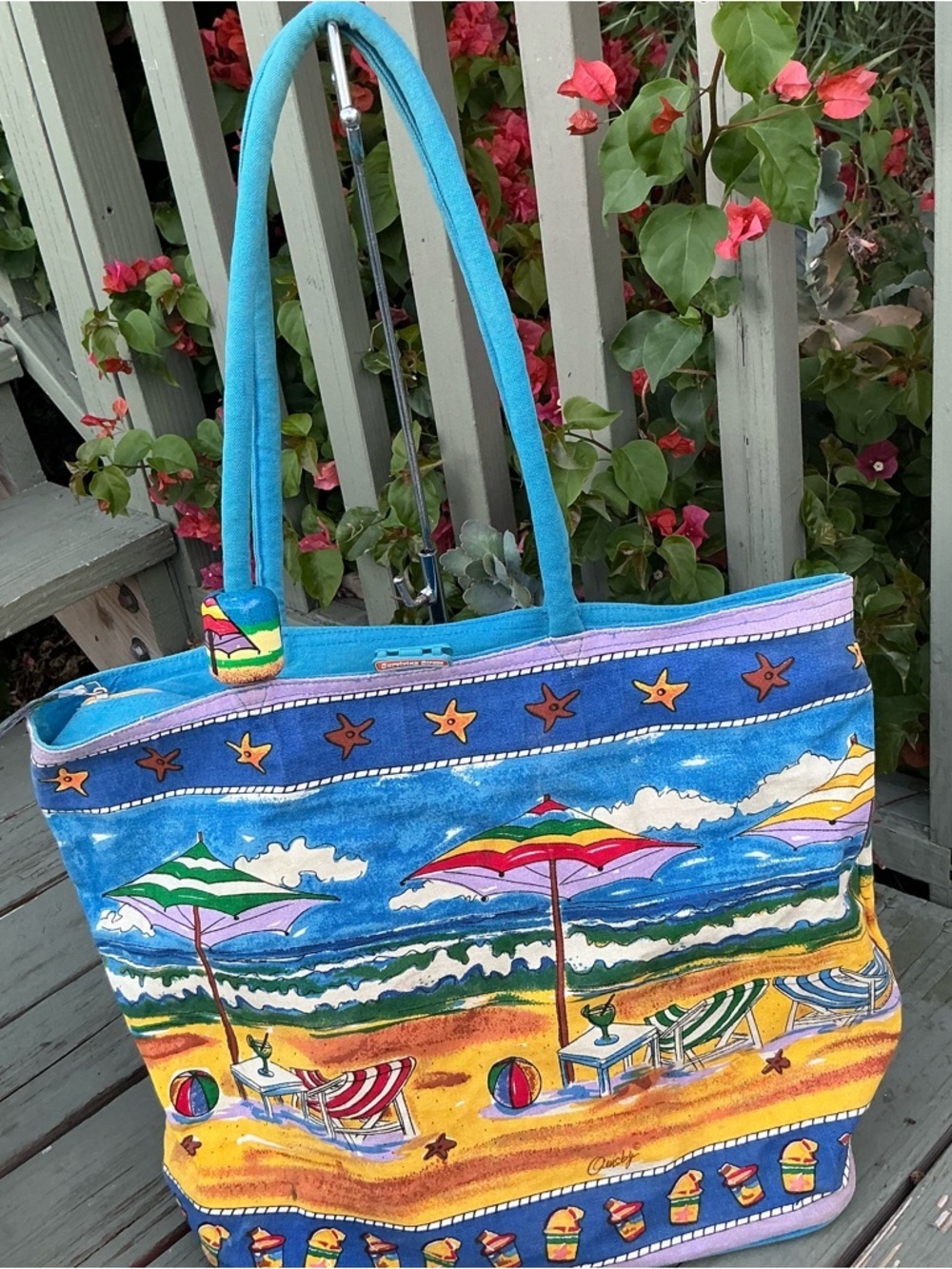 vtg 80s FISH TOTE BAG vintage Tara Tiger beach bag Canvas Beach Tote Summer Bag